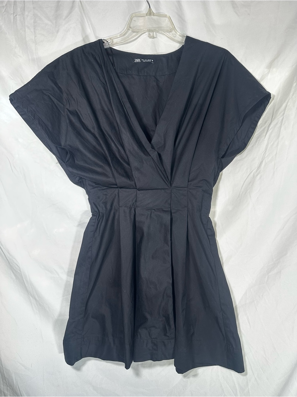 Zara Black V-Neck Short Sleeve Tunic mini dress fit and flare pleated dolman